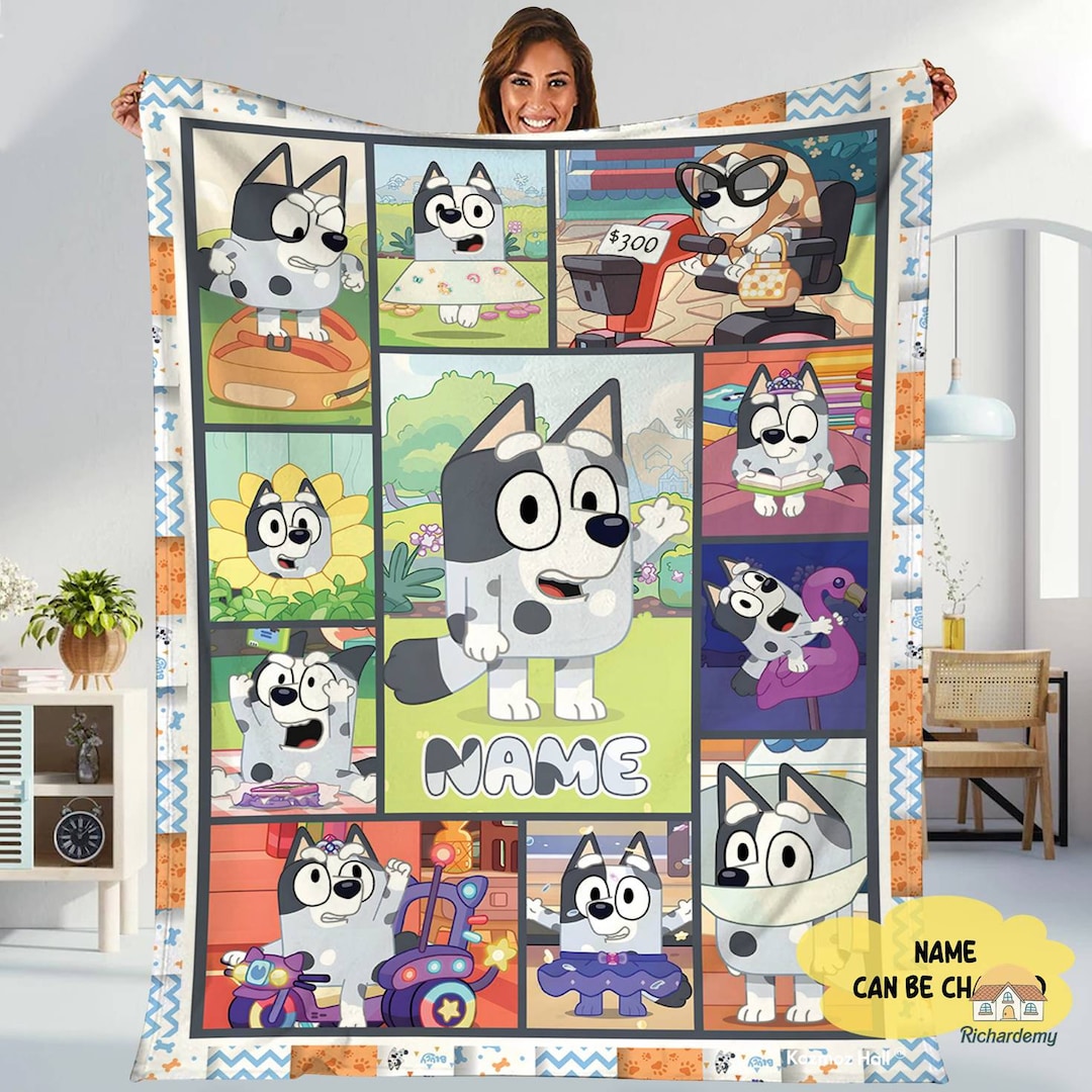 Personalized Bluey Blanket, Bluey Family Soft Cozy Fleece Throw