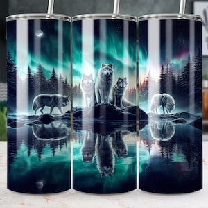 Northern lights wolfpack Tumbler Wrap, 20 oz skinny Tumbler, Sublimation Design, Wolf Tumbler, Aurora Borealis Png, Gift, Digital Download