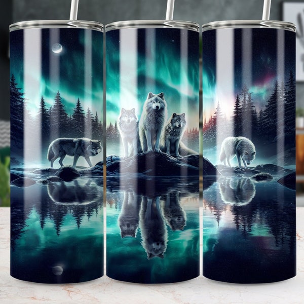 Emballage de gobelet meute d'aurores boréales, gobelet skinny 20 oz, design par sublimation, emballage de gobelet loup, design loup, PNG, cadeau, téléchargement numérique