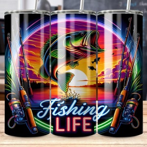 Bright Neon Fishing Tumbler Wrap 20 oz Skinny Sublimation Design Template, Fisherman, Bass Fish, Fishing Life, Gift Digital Download