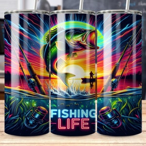 Bright Neon Fishing Tumbler Wrap 20 oz Skinny Sublimation Design Template, Fisherman, Bass Fish, Fishing Life, Gift For Him Digital Download