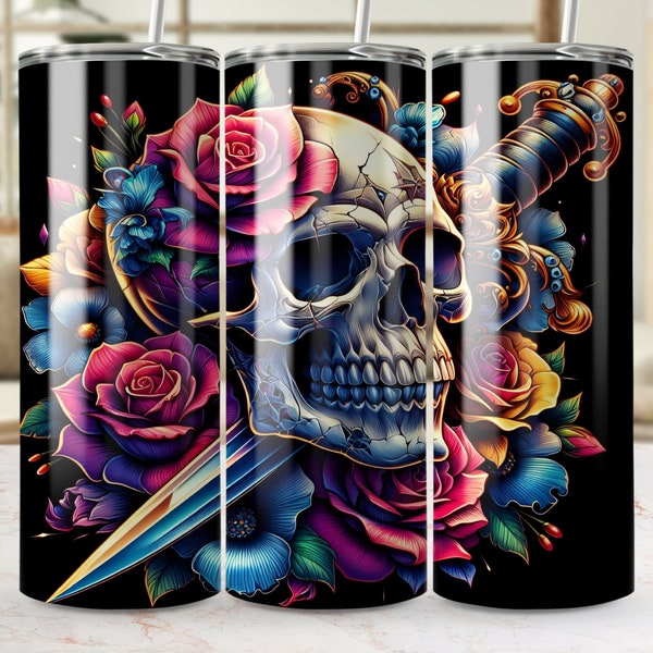 Skull And Roses Tumbler Wrap, Straight and Tapered 20oz Skinny Tumbler Wrap, Sublimation Design, Roses Tattoo, Gift Idea, Digital download.