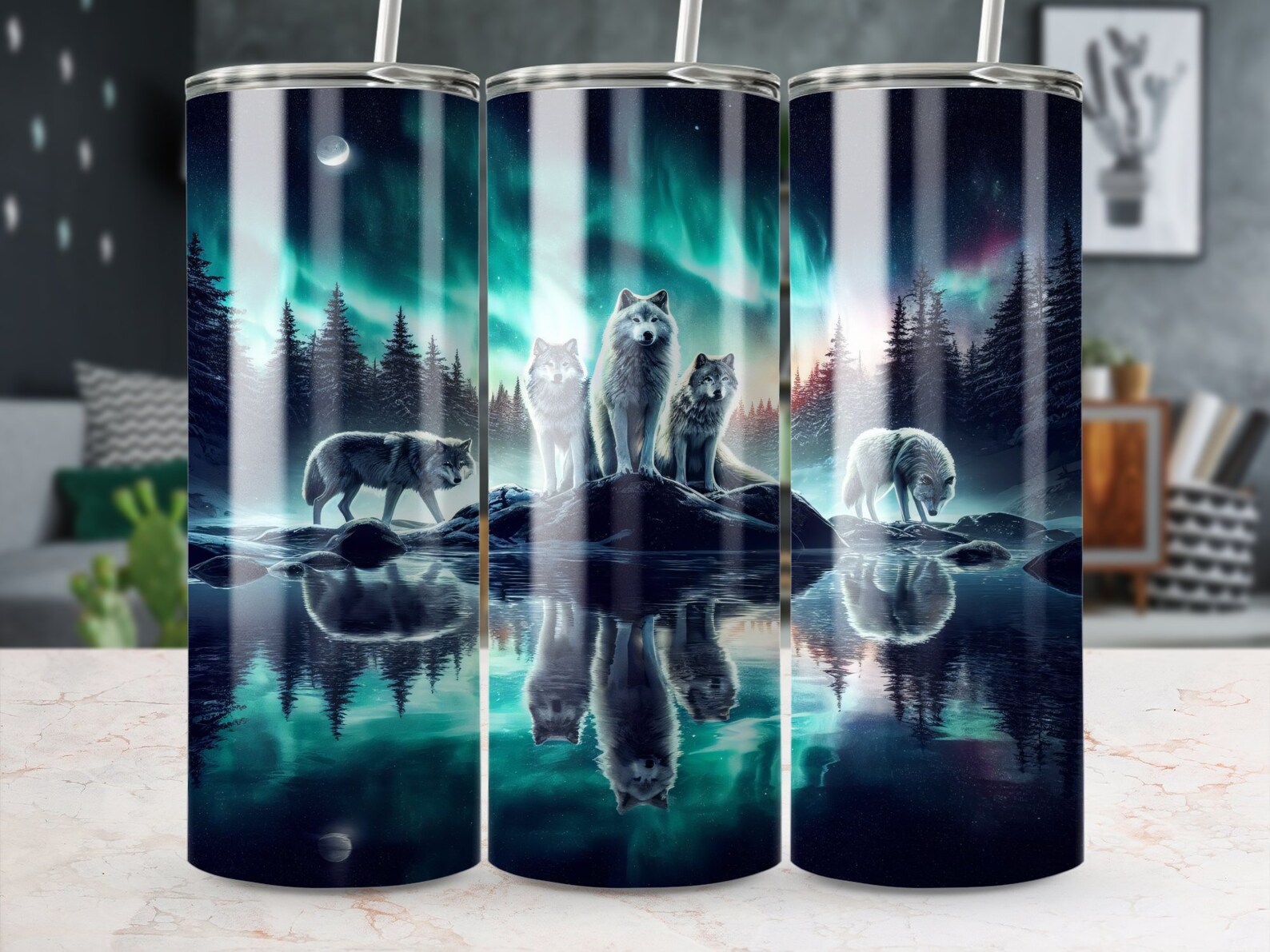 Northern Lights Wolf Tumbler Wrap: 20 Oz Skinny Sublimation Design ...