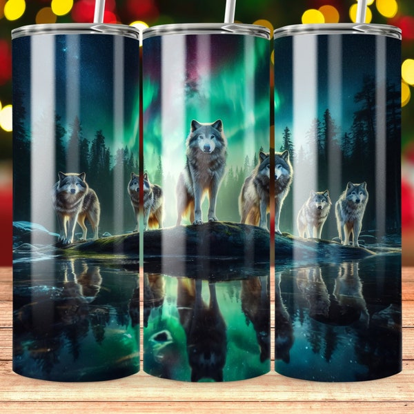 Northern lights wolfpack Tumbler Wrap 20 oz skinny Tumbler, Sublimation Design, Grey Wolf, Tumbler Wrap Wolf, PNG, 9.3x8.2, Digital Download