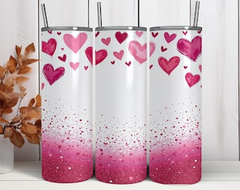 Valentine's Day Tumbler Wrap: Glitter Hearts Sublimation Design (PNG Digital Download)