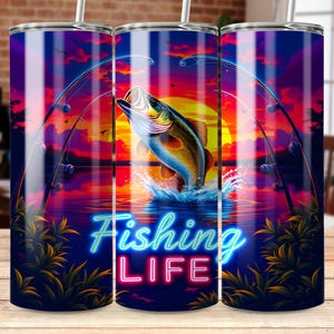 Bright Neon Fishing Tumbler Wrap 20 oz Skinny Sublimation Design Template, Fisherman, Bass Fish, Fishing Life, Gift For Him Digital Download