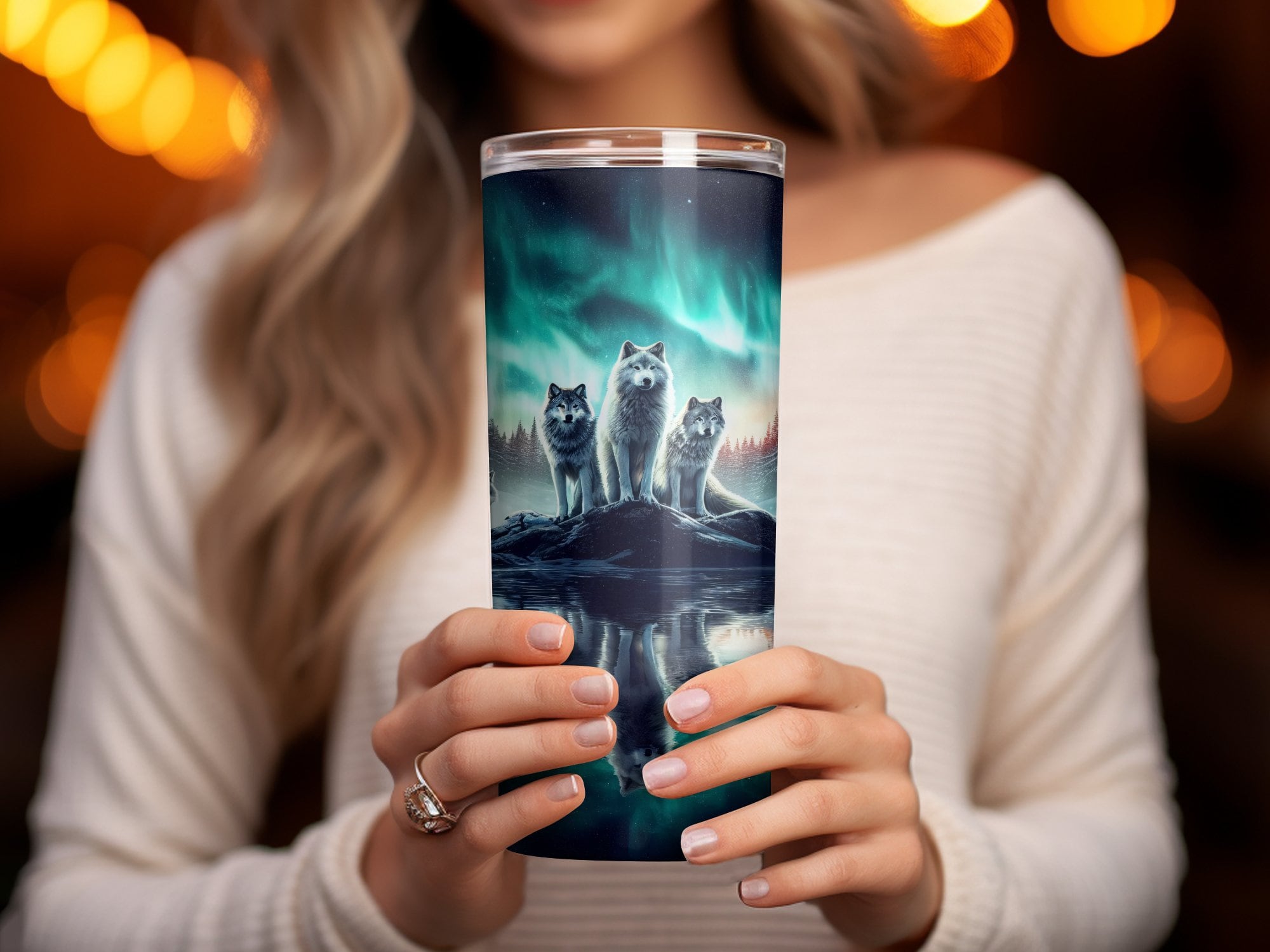 Northern Lights Wolf Tumbler Wrap: 20 Oz Skinny Sublimation Design ...