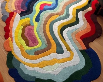 Hand Tufted Irregular Shape Runner Multicolor Wool Area Rug Modern Carpet for Living Room, Kitchen, Entryway, Hallway Contemporary Space