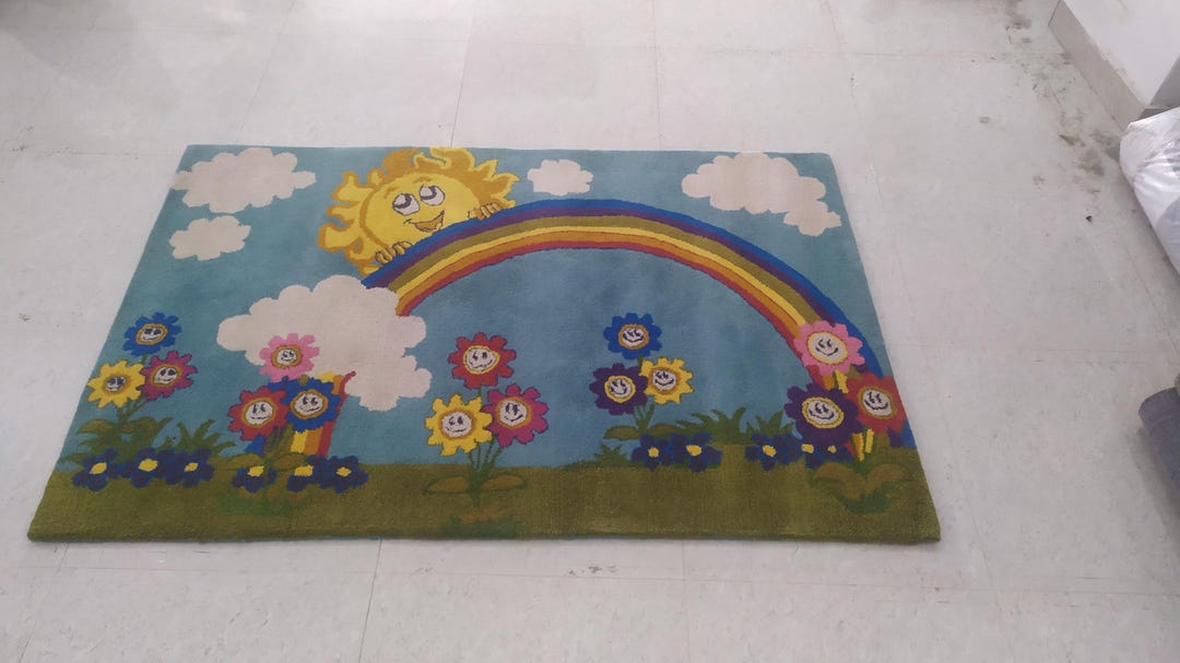 Hand-tufted Wool Rug – Sunflower, Plant Motif, Blue & Green - Etsy