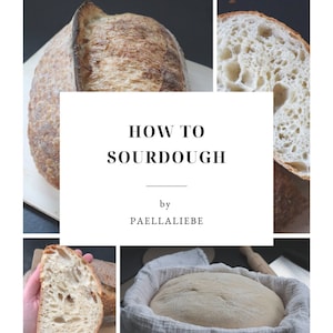 Könnte beinhalten: Eine Collage von Bildern, die Sauerteigbrot zeigen. Die Bilder zeigen ein Brotlaib, eine Brotscheibe und einen Teiglaib in einem Korb. Der Text "HOW TO SOURDOUGH" ist in der Mitte des Bildes zu sehen.
