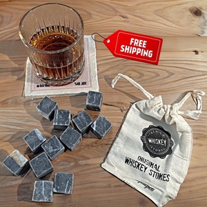 Cadeauset marmeren whiskystenen met glas en onderzetter | 12 stuks herbruikbare koelstenen | Bourbon Scotch Lover Cadeau voor mannen, vader - decoratie barwagen