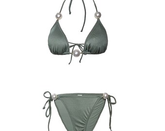 Pearl Bikini Set, Shiny Khaki Two-Piece Swimwear Set, Summer Designer Bikini, Beachwear