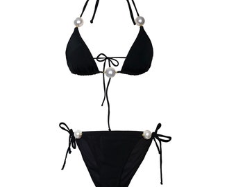 Set bikini perlato, set costume da bagno nero a due pezzi, bikini firmato estivo, abbigliamento da spiaggia