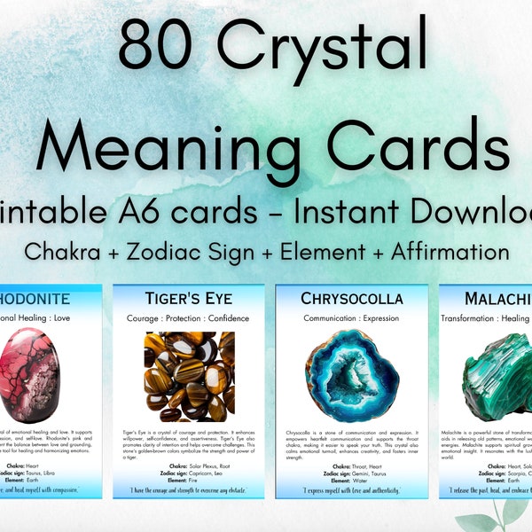 80 Printable Crystal Meaning Cards for Transformation and Empowerment, Gemstone Meanings, Digital Crystal Cards, A6 size, 4.1 x 5.8 in