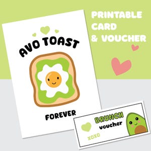 Druckbare Avocado Toast Karte und Gutschein, süßes Bild, PDF, Freund, Freundin, Freund, Spaß, Liebe, flach & gefaltet