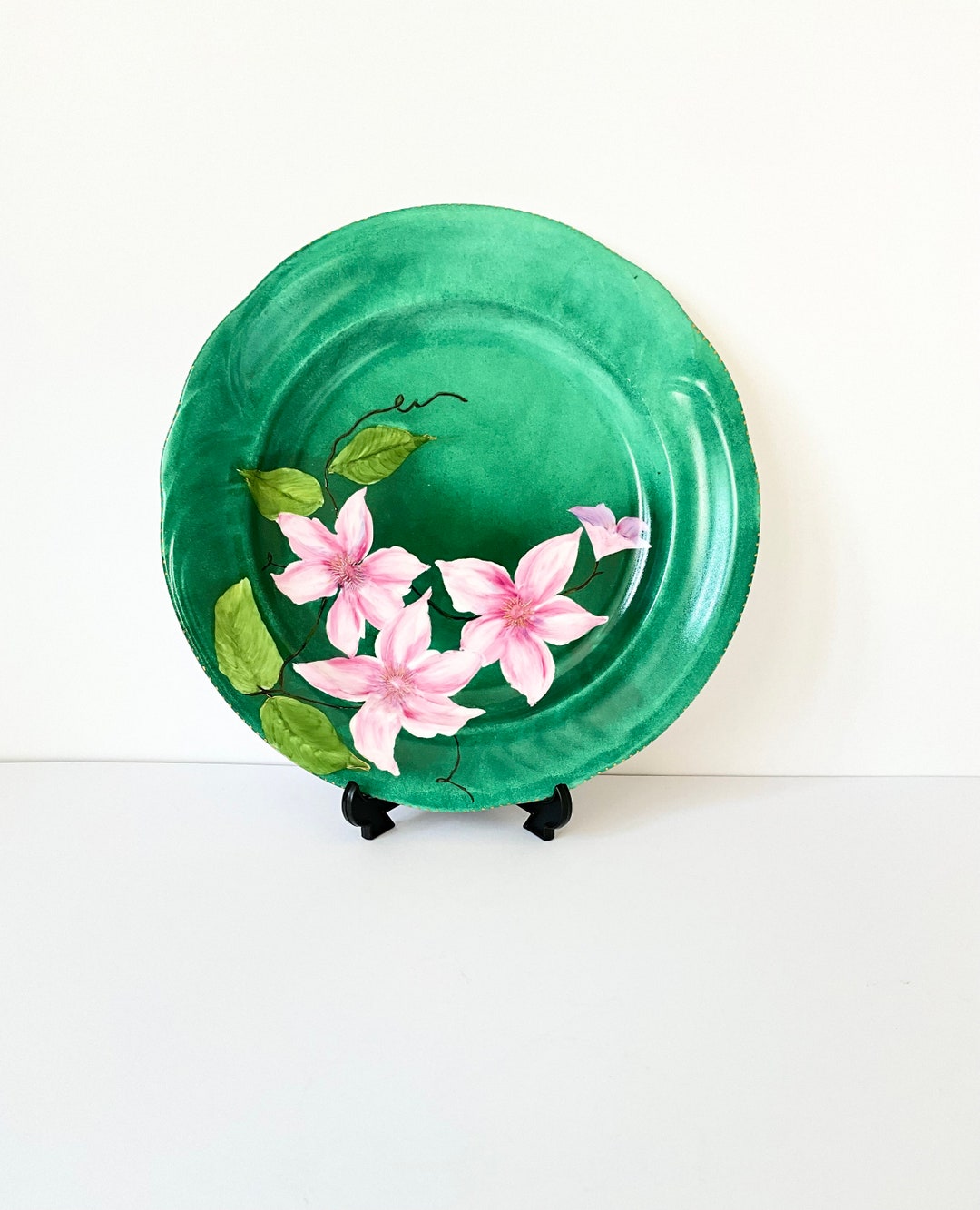 Vintage Plate Hand Painted Porcelain Plate Pink Clematis Etsy