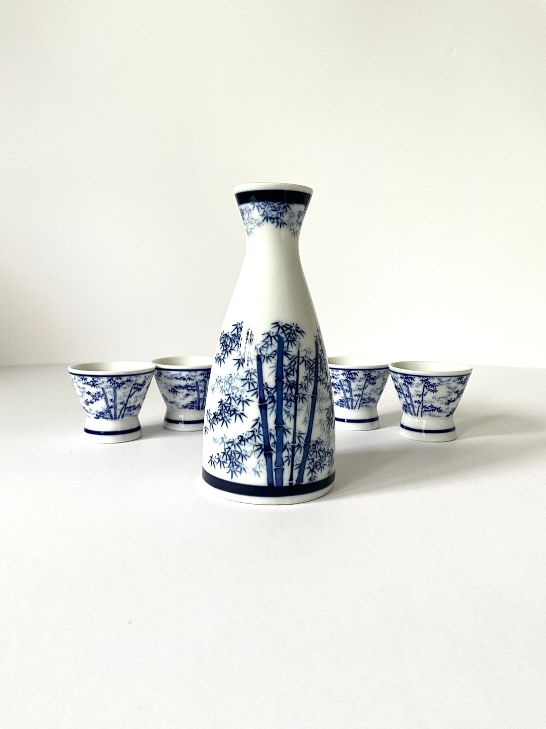 Sake Drink Set Bamboo Design Blue and White Saki Decanter Etsy