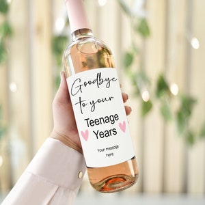 Adiós a tu adolescencia etiqueta de botella de vino personalizada, regalo de cumpleaños para el mejor amigo, feliz cumpleaños número 18, etiqueta de vino divertida, regalo de hito