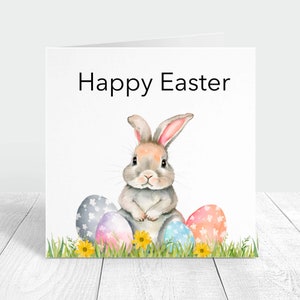 Carte personnalisée joyeuses pâques, adorable carte personnalisée lapin et oeufs de pâques pour fille, nièce, maman. Message personnalisé à l'intérieur de la carte