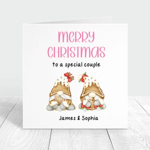 Merry Christmas to a special couple personalised card, custom family names Christmas card, special family gnomes card, gonk card neighbour