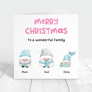 Merry Christmas to a wonderful family personalised card, custom family names Christmas card, special family gnomes card, cute gonk card