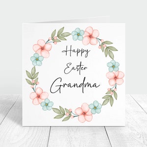 Joyeuses Pâques carte personnalisée grand-mère, jolie carte de Pâques couronne de fleurs printanières pour grand-mère, carte de Pâques personnalisée du cadeau petite-fille petit-fils