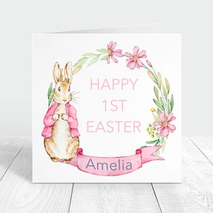 Carte personnalisée joyeuses premières pâques Peter rabbit pour bébé fille, jolie carte de pâques comme cadeau de 1ères pâques pour enfant, joyeuses pâques à sa filleule