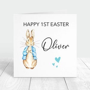 Carte personnalisée joyeuses premières pâques Peter rabbit pour bébé garçon, jolie carte de pâques comme cadeau de 1ères pâques pour enfant, joyeuses pâques au neveu du filleul