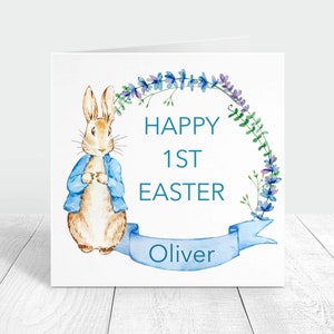 Carte personnalisée joyeuses premières pâques Peter rabbit pour bébé, jolie carte de pâques comme cadeau de 1ères pâques pour enfant, joyeuses pâques à son filleul, neveu