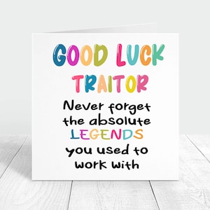 Traître porte-bonheur, nouvelle carte de travail personnalisée, collègue quittant son travail, carte personnalisée, nouveau cadeau de collègue pour une promotion d'emploi, carte amusante pour la meilleure amie au travail