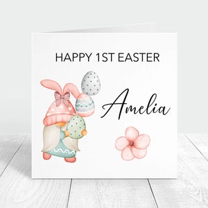 Carte personnalisée Joyeuses Pâques, jolie carte personnalisée de nain de Pâques, carte de voeux pour petite-fille ou filleule, cadeau carte de visite personnalisée pour Pâques