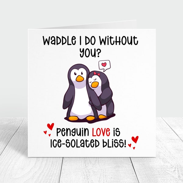 Personalised couple penguin card, custom his and hers card valentine's day gift, girlfriend or boyfriend cute card, punny joke wife husband