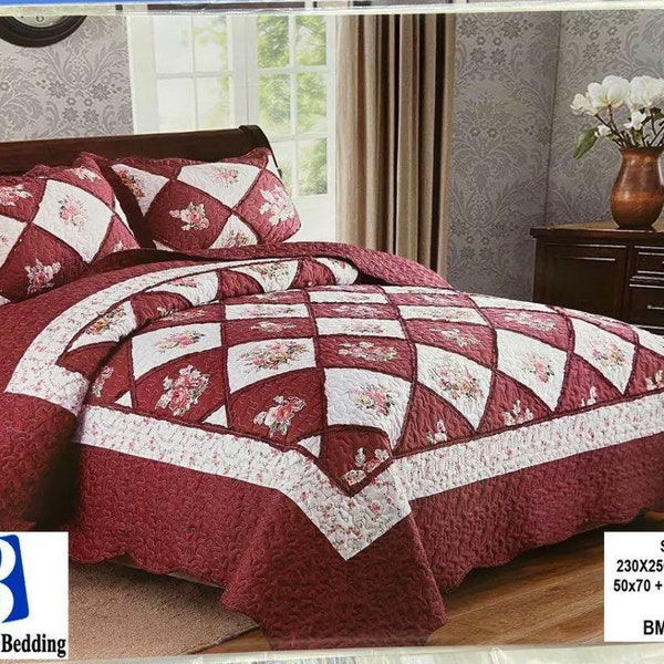 3 Piece Quilted Patchwork Bedspread Throw Double King Size Bedding Throw Set