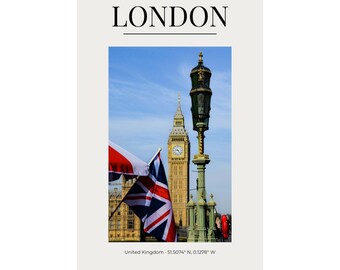 Londen matte verticale poster, reiskunst aan de muur, woondecoratie, print Britse vlag, cadeau voor reizigers, kantoorinrichting
