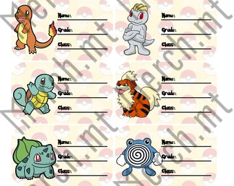Set van 10 afdrukbare Pokemon-schoollabels in het Engels of Duits