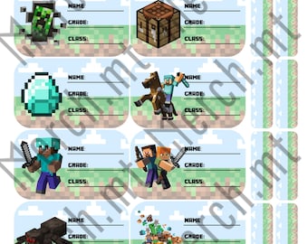 Set van 10 afdrukbare Minecraft-schoollabels in het Engels