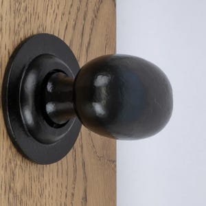 May include: A black, spherical door knob with a circular backplate is fixed to a wooden door. The knob has a smooth, matte finish. The door's wood grain is visible. The knob is made of metal.