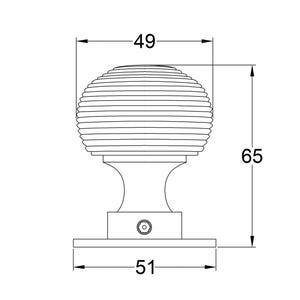 K&ouml;nnte beinhalten: Eine detaillierte Strichzeichnung eines T&uuml;rknaufs mit Ma&szlig;en. Der Knauf ist kugelf&ouml;rmig mit horizontalen Rillen, 4,9 cm Durchmesser und 6,5 cm hoch. Die Basis ist 5,1 cm breit. Das Design befindet sich auf wei&szlig;em Hintergrund.