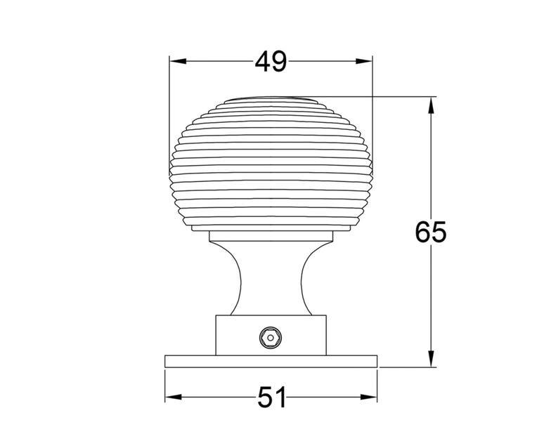 K&ouml;nnte beinhalten: Eine detaillierte Strichzeichnung eines T&uuml;rknaufs mit Ma&szlig;en. Der Knauf ist kugelf&ouml;rmig mit horizontalen Rillen, 4,9 cm Durchmesser und 6,5 cm hoch. Die Basis ist 5,1 cm breit. Das Design befindet sich auf wei&szlig;em Hintergrund.