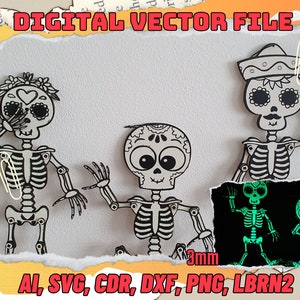 Halloween Skeleton Decoration laser cut vectors files SVG DXF template blueprint Digital 1/8” 3mm Download creepy pumpkin skull ripper witch