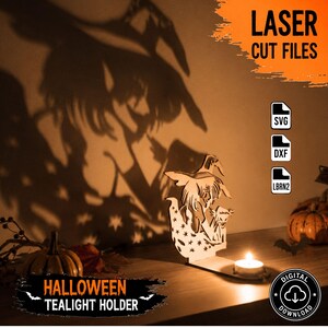 May include: A laser-cut wooden tealight holder featuring a witch and cat design that casts a large shadow on the wall. The image includes text reading LASER CUT FILES, SVG, DXF, LBRN2, and HALLOWEEN TEALIGHT HOLDER, along with a digital download icon.