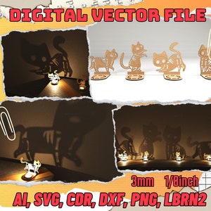 Laser ready cat tealight holder files 3 variations Halloween shadow Digital Download laser cut vector 1/8” 3mm