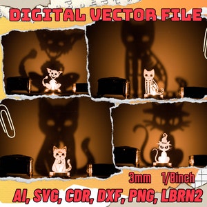 4匹の猫のセット ハロウィーン レーザーカット ベクターファイル 不気味な猫の影 3D SVG DXF テンプレート設計図 デジタル 1/8” 3 mm Glowforge デジタル ダウンロード