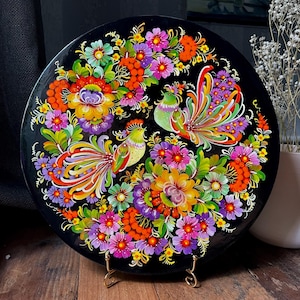 Hand Painted Decorative Plate with Petrykivka Art Floral Birds Design – Ukrainian Folk Art Wall Hanging – Colorful Vintage Home Decor Gift