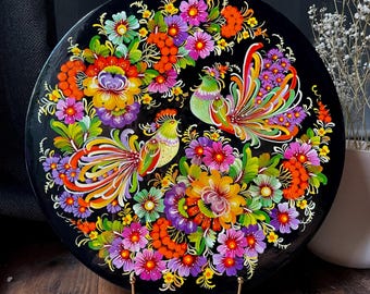 Decorative Rooster Wooden Plate, Hand-painted Ukrainian Wall Plate
