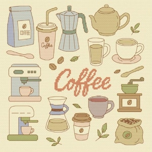 Può includere: Un'illustrazione colorata di varie attrezzature per la preparazione del caffè e tazze da caffè. L'illustrazione include un macinacaffè, una caffettiera, una French press, una macchina per espresso, una tazzina da caffè, una tazza e un bicchiere da asporto. Il testo "Coffee" è scritto in lettere rosse al centro dell'immagine.
