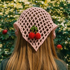 Pink crochet bandana with cherriescottage core crochet headband, hair scarf, casual head wrap, summer hair accessory,knitted festival outfit