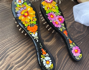 Wooden comb with Petrikovka painting, Hand-painted hair accessory, ideas for women,wooden bristle brush, fairy hair comb