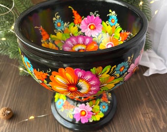Bird & Folk flowers Ukrainian Petrykivka Kandy Bowl, Ukrainian Flower Painted Wooden Bowl, Handmade, Original Ukrainian Souvenir Vintage