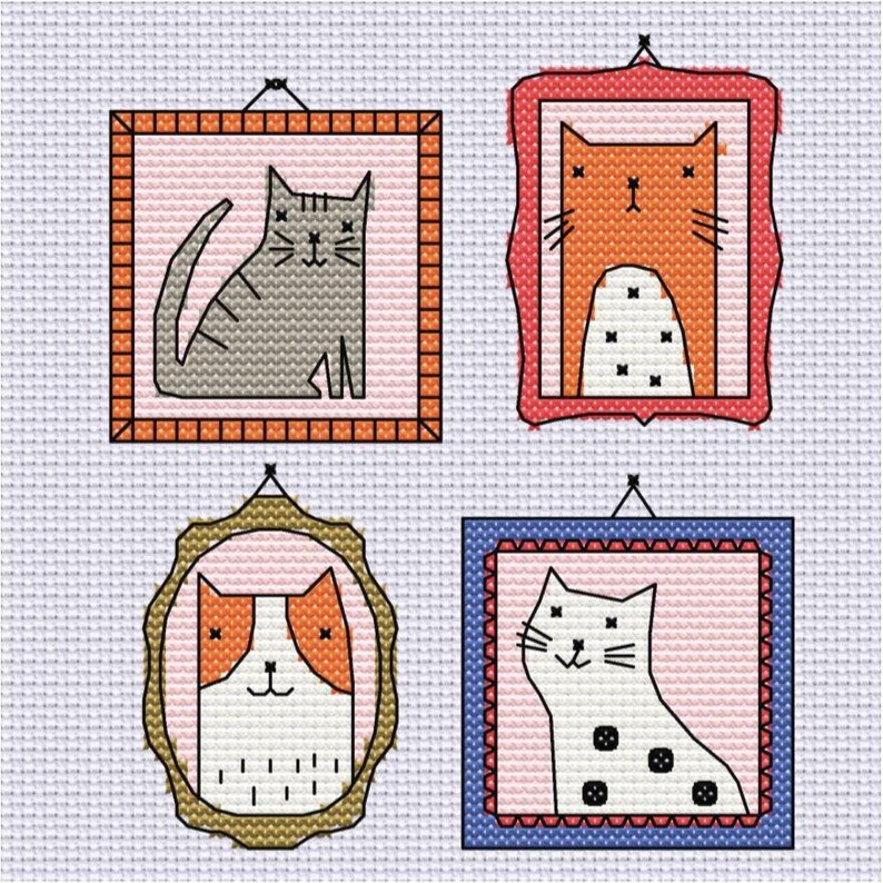 Cat Portrait Cross Stitch Pattern PDF 4 Cats in Frames Modern Cat Art ...